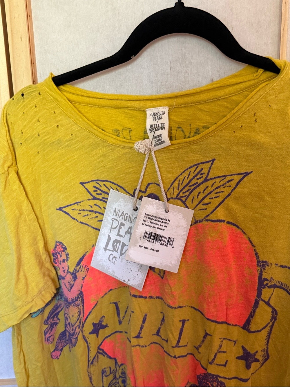 Magnolia Pearl Yellow Short-Sleeve Willie Nelson Tee with Pink Heart and Cherubs - Picture 5 of 6